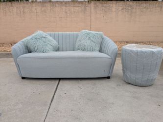 Light Blue Channel Tufted Loveseat with Accent Chair
