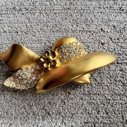 Vintage Givenchy Flower Brooch – Gold Tone with Clear Crystals, Signed, 1990s