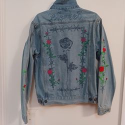 Denim Jacket With Roses Brooklyn Cloth Custom Bespoke Embroidered Stamped Med