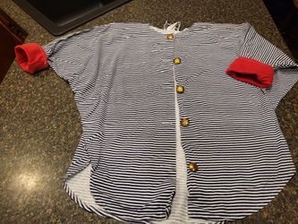 Women lg Fantaseas Collection I navy/white horitzontal strip short sleeve sailor shirt, red trim on sleeves, gold buttons Lot 294