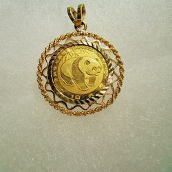 1983 Au 1 / 10 oz, 24K REAL PURE SOLID GOLD PANDA COIN CHINA 10 YUAN and 14K YELLOW GOLD AROUND IN PENDANT 