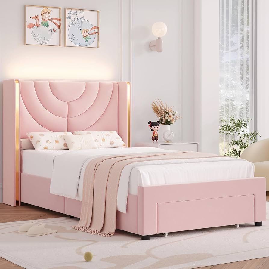 Twin size Upholstered LED Bed Frame with Storage Drawer, Velvet Kids Bed with Wingback Headboard, Princess Twin Platform Bed for Girls/Kids, Solid Woo