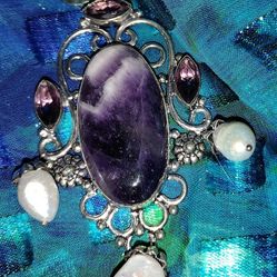 Chunky 4" Silver Amethyst Sage Chalcedony Pearl Pendant