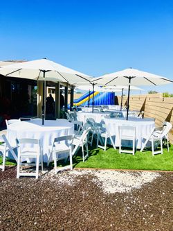 Umbrella sets includes tables, umbrella, plastic folding chairs and linens for next party R. E. N.     T. A.    L.    Adelanto, Victorville, phelan, a