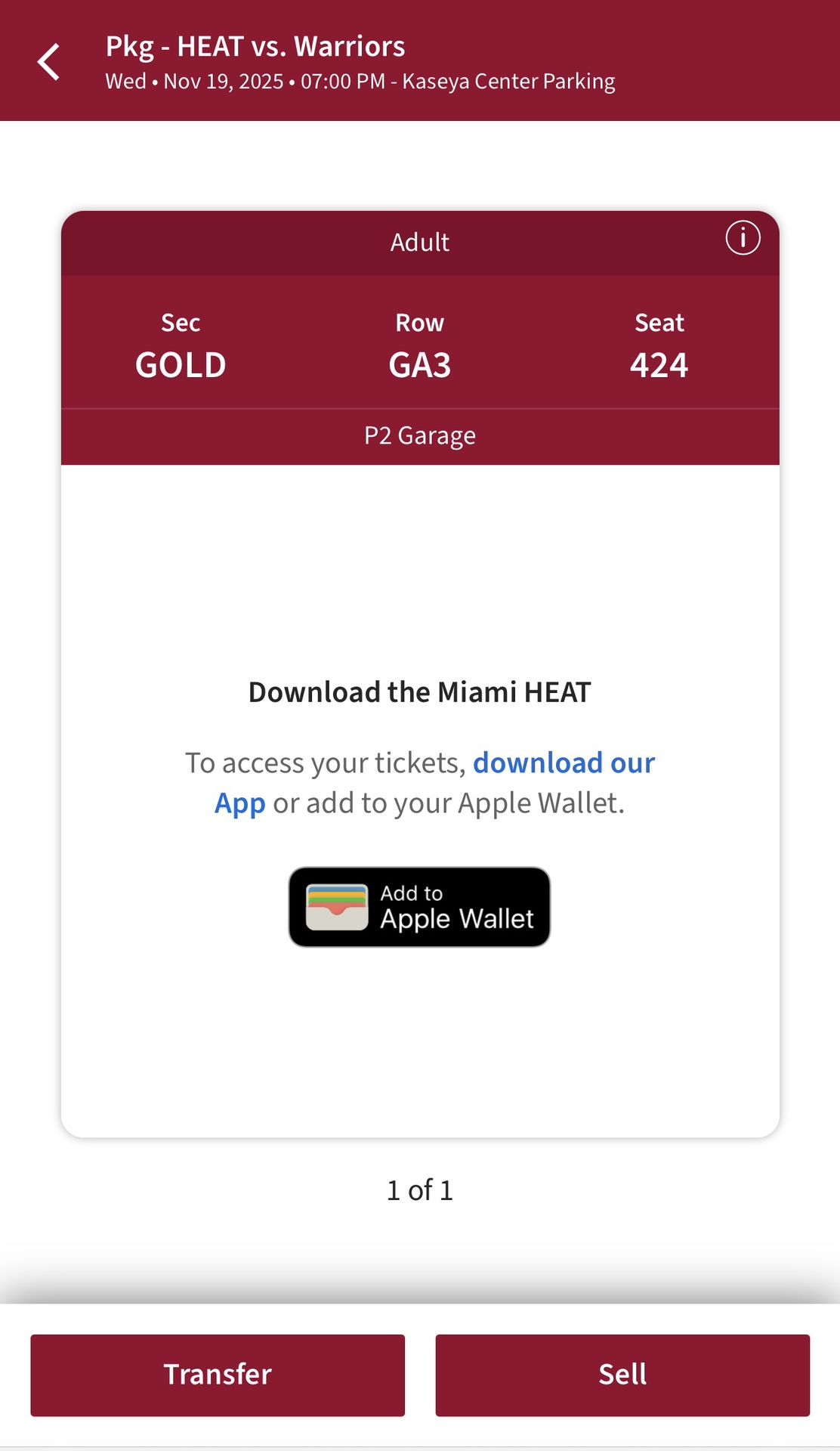 Miami HEAT Gold Parking Ticket – Season Holder Transfer