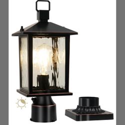 Dusk To Dawn Outdoor Post Light, Hardwired Oil-Rubbed Bronze Pole Lantern With Pier Mount Base, Water Ripple Glass, Waterproof Lamp Post Light Fixture