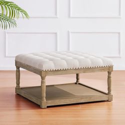 33-inch Large Square Ottoman Coffee Tables for Living Room, Tufted Upholstered Linen Ottoman with Storage Shelf and Solid Legs for Office Bedroom Farm
