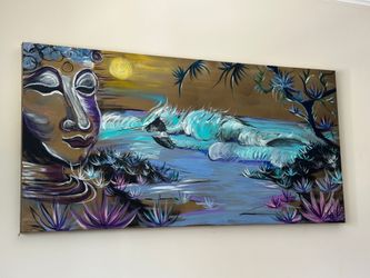 Large Painted Canvas Wall Art, Moon and Ocean