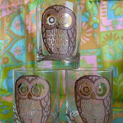 Vintage Mid Century Bar ware Drinking Glasses With Gold Owl 22k