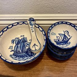 Set of Small Blue & White Porcelain Coastal Sailboat Ship Serving Bowl with Spoon and 6 Small Bowls