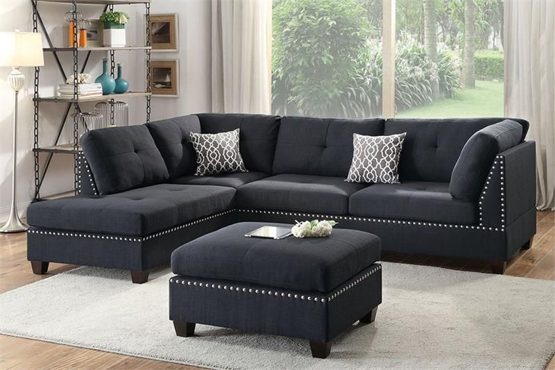 Reversible Sectional Set with Ottoman- Linen-Like Fabric Black Color