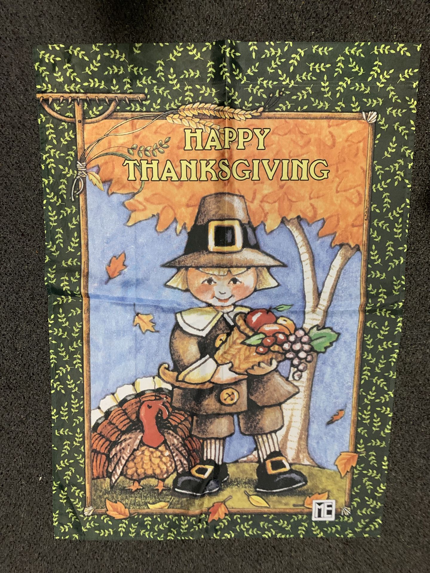 Large 28” x 40” pilgrim cornucopia turkey Happy Thanksgiving single sided garden flag