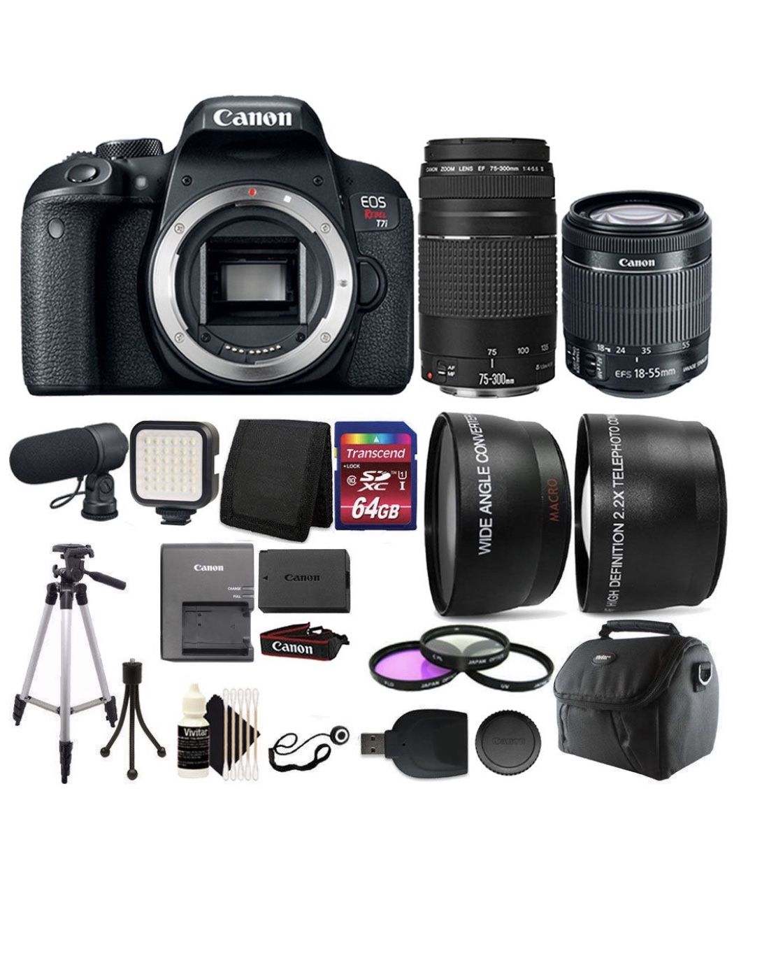 Canon EOS Rebel T7i 24.2MP Digital SLR Wifi Enabled Camera Black with EF-S 18-55 IS STM and EF 75-300mm Lenses + Accessory Kit+ 50 mm lens