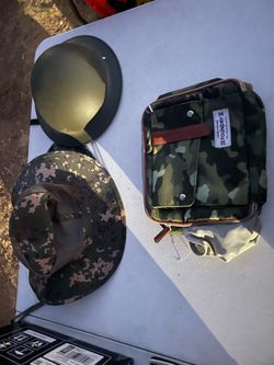 Camo hat, military hat and small camo lunch pale