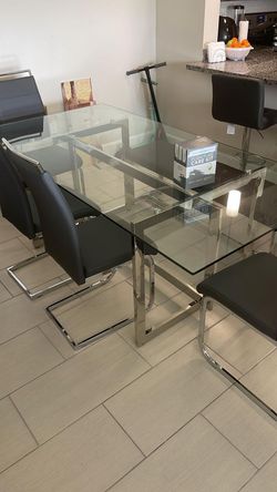 Modern Glass Dining Table with 4 Chairs and a Bench