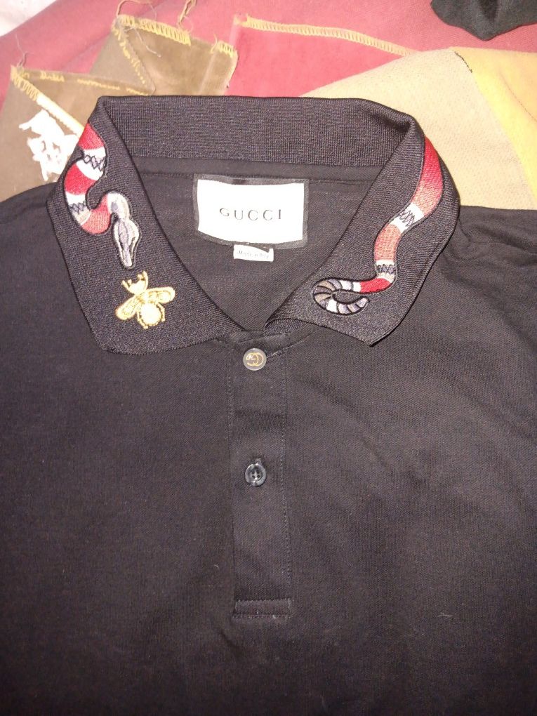 Gucci Snake And Bumblebee Embroidered Black Polo