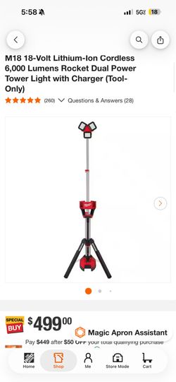 Milwaukee M18 18-Volt Lithium-Ion Cordless 6,000 Lumens Rocket Dual Power Tower Light w/ Charger (Tool-Only)
