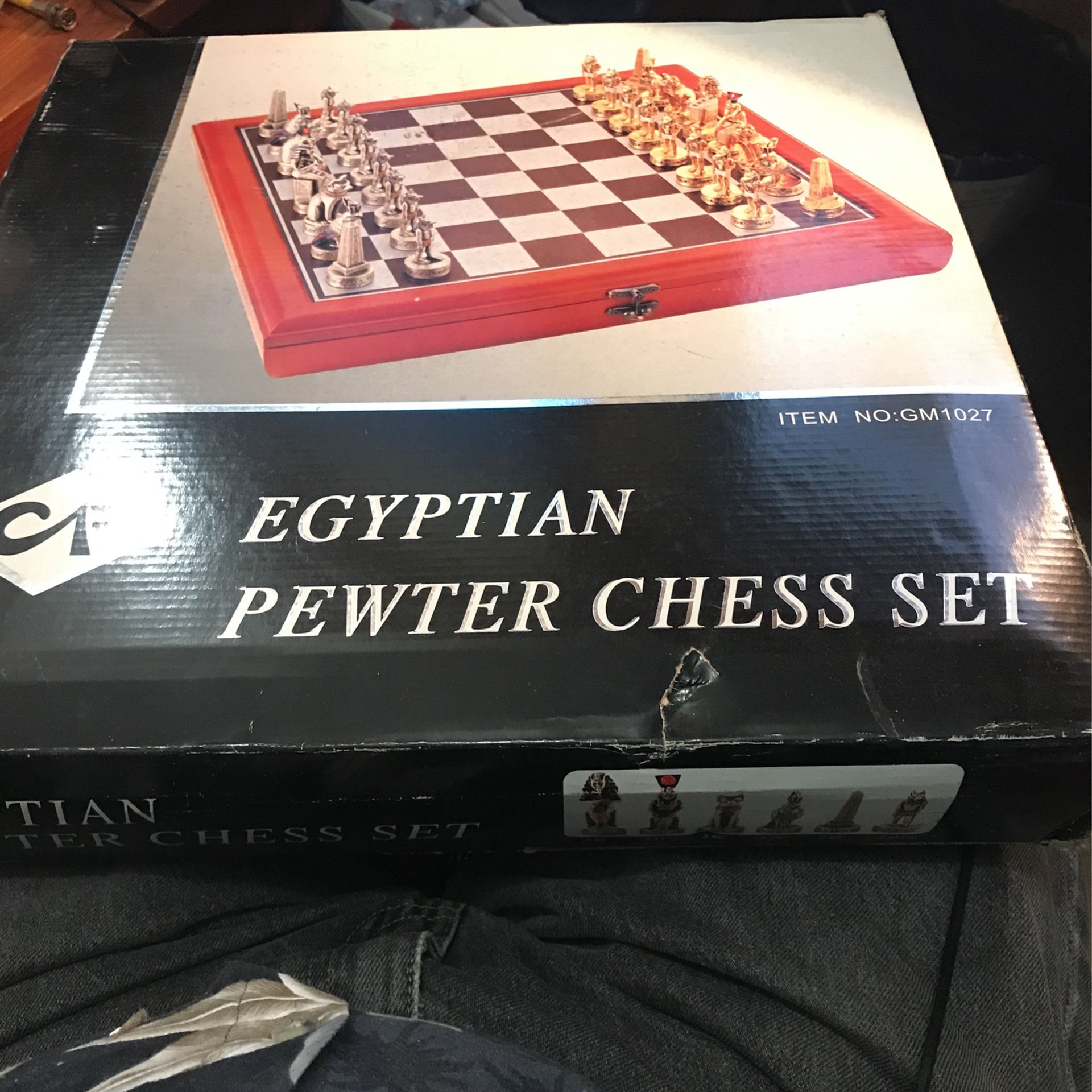 Egyptian pewter chess set - new in box