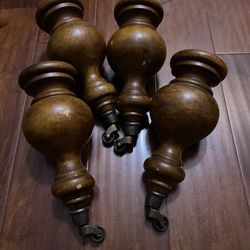Vtg Set 4 Tall 12.5 “Turned Wood Furniture Legs w/Brass Casters Victorian
