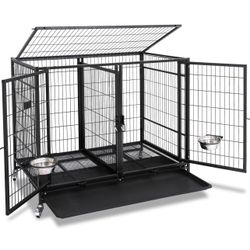 Dog Cage Kennel Size 43” Large Fodling With Divider, Trays And Feeding Bowls 
