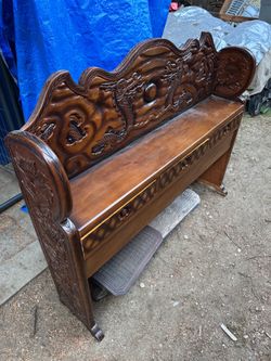 Vintage-Style Chinese Dragon Carved Hardwood Console Bench