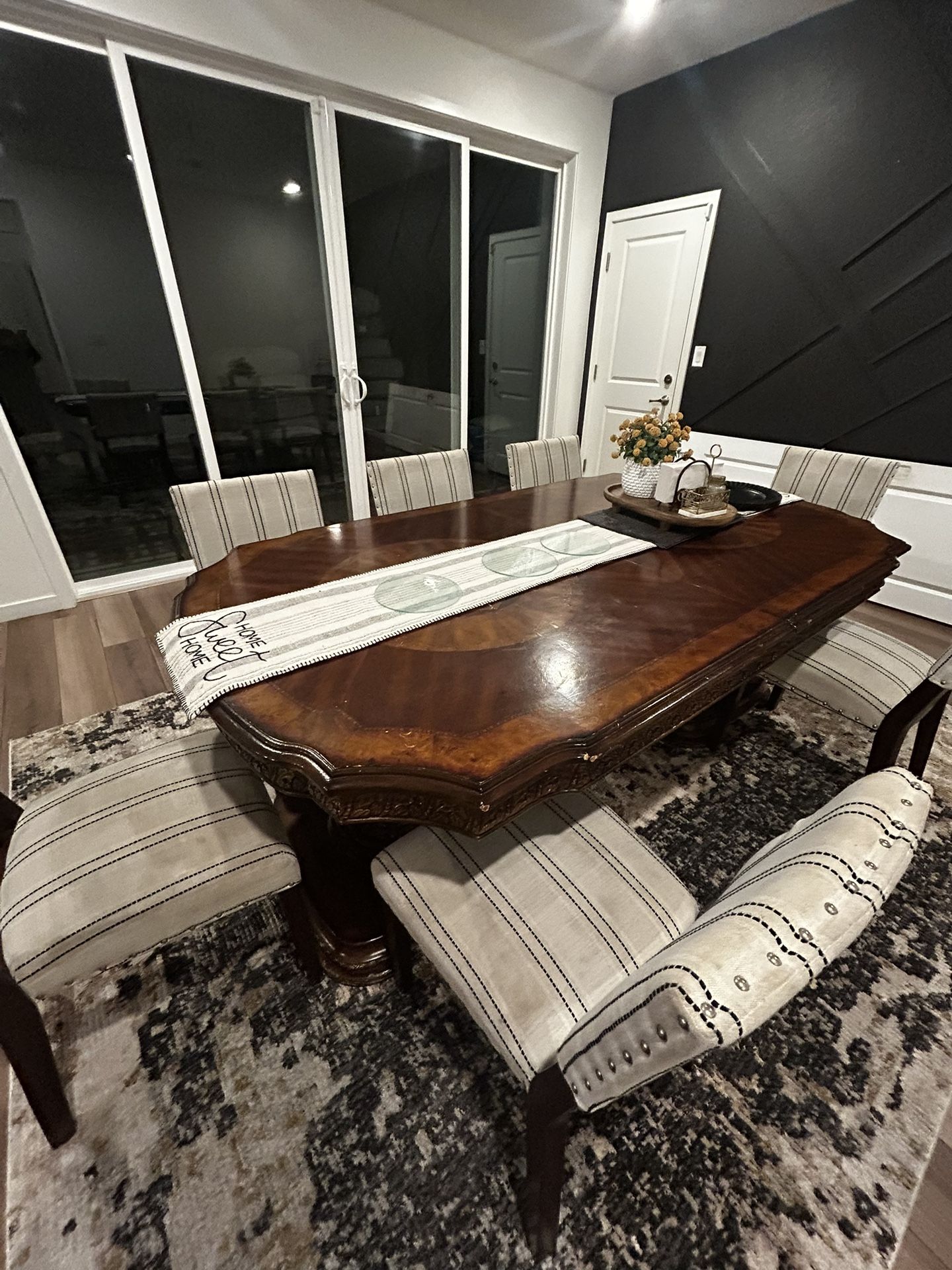 Real Wood engraved Dining Table With 6 Kirkland Dining Chairs