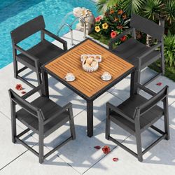 New HDPE 5-Piece Patio Dining Set for 4, Acacia Outdoor Dining Table with 35.4-Inch Acacia Wood Top and Wicker-Wrapped Steel Frame, 4 Black HDPE Armch
