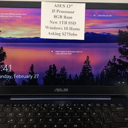 ASUS i5 Processor 8gb Ram 13” Laptop New SSD $275