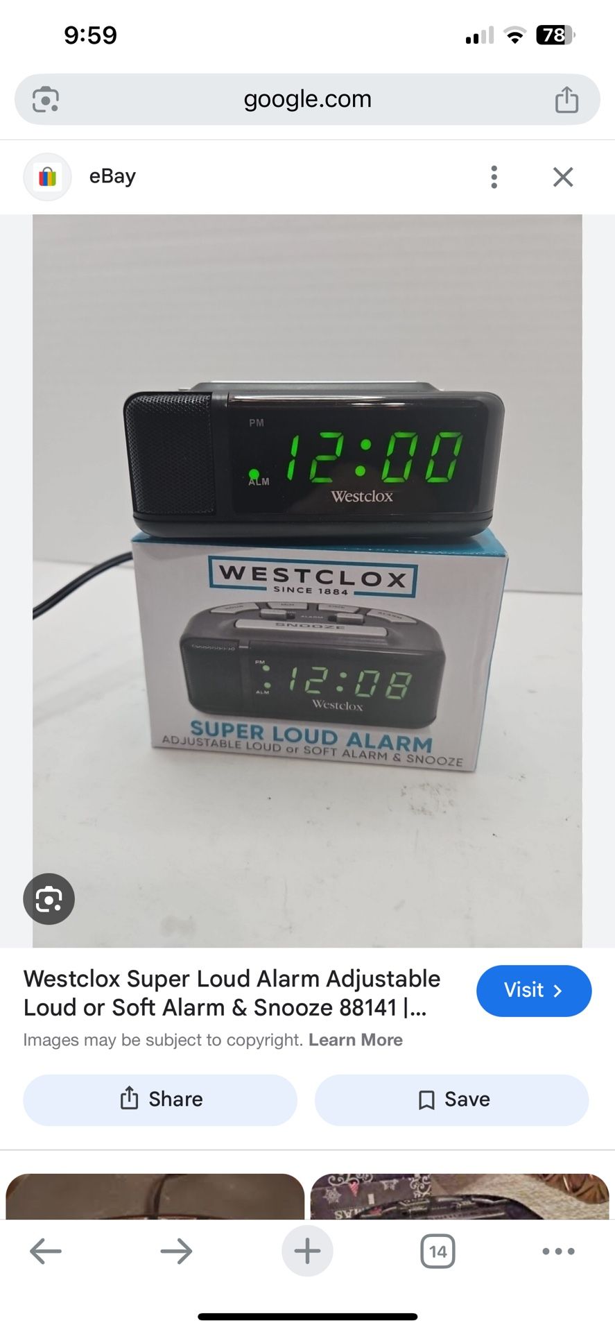 Westclox Super Loud Alarm Adjustable Loud or Soft Alarm & Snooze 88141