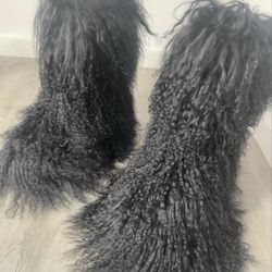 Black Shaggy Real Fur Boots Sizes 6.5,7,7.5,8,8.5,9,9.5,10,10.5,11,11.5 & 12 (message True Size To And Order)