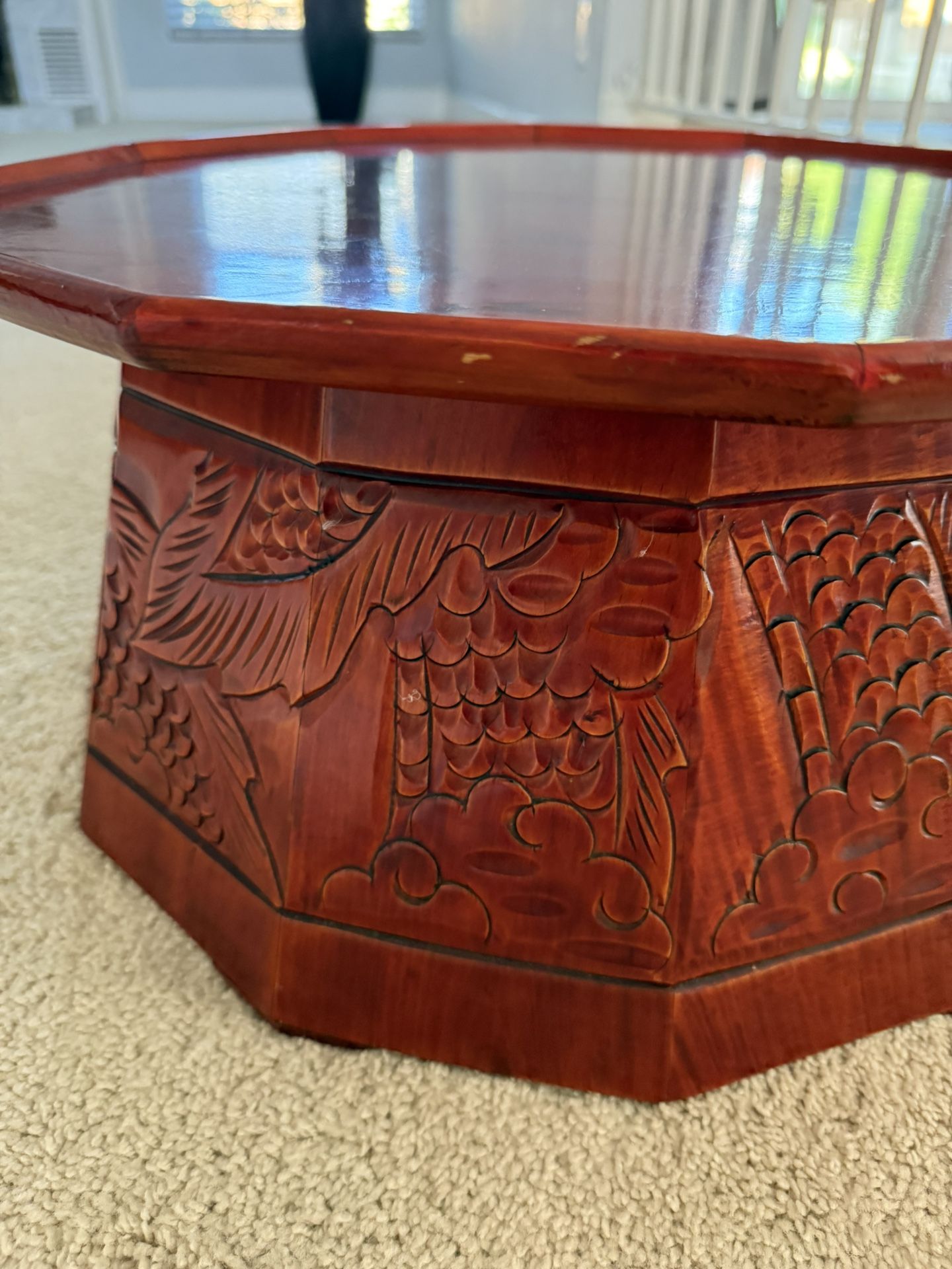 Antique -1 of a kind Chinese tea serving table, 12 sided, engraved dragon