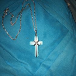 Turquoise Stone Cross Pendent Silvertone Necklace