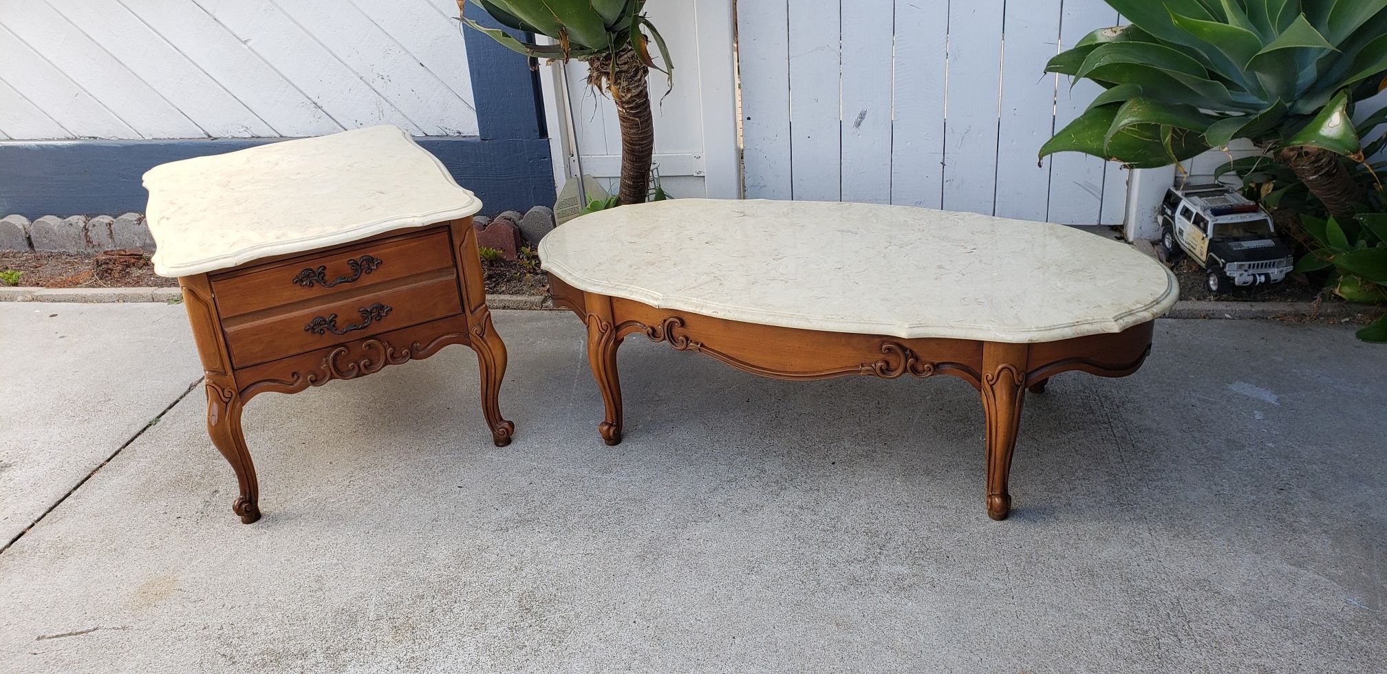 Marble top wood Coffee table end side table combo. Both pieces for 1 price. Nice used condition. Tops remove for easy transport