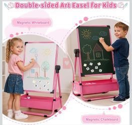 Kids Art Easel,Double-Sided Wooden Easel for Kids with Paper Roll,Height Adjustable Standing Easel with Puzzle Tangram Toys,Storage Box and Other Acce