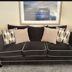 Velvet Grey Couch with Crème Piping