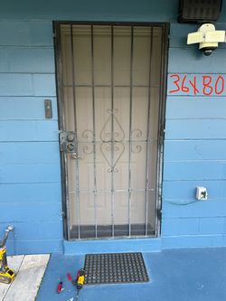 36 in. x 80 in. $80 Black Surface Mount Steel Security Door with Expanded Metal Screen. I have another 32x80 with a little rust at the bottom for $20.