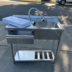 Utility Freestanding Kitchen Sink with Hot and Cold Water Pipe,Drawer, Stainless Steel Sink for Laun