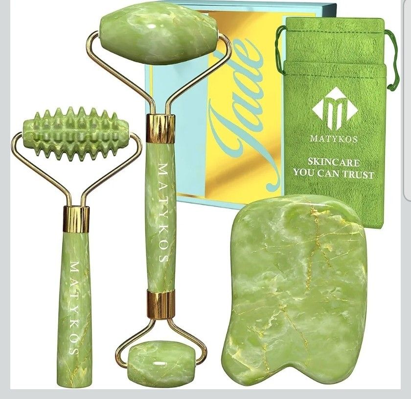 Jade Roller for Face and Gua Sha Set - 2 Anti-Aging Facial Rollers and Gua-Sha Facial Tool - Face and Body Massager for Your Skincare Routine