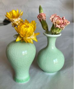 Two Vintage Miniature Celadon Crackled Glaze Vases
