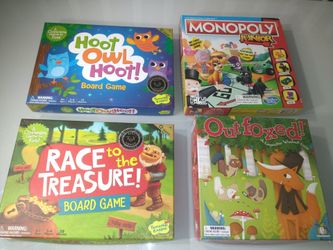 70% savings. Kids Board Game LOT. Ages 4+ 5+. Outfoxed, Race to the Treasure, Hoot Owl Hoot, Monopoly Junior.
