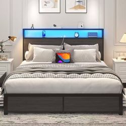 #A Queen bed base with 2-tier storage headboard, metal platform bed base with 4 storage drawers, integrated charging station and LED, no noise, stand 