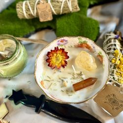 Tea Cup Candle, Natural Crystal And Flower Infused 