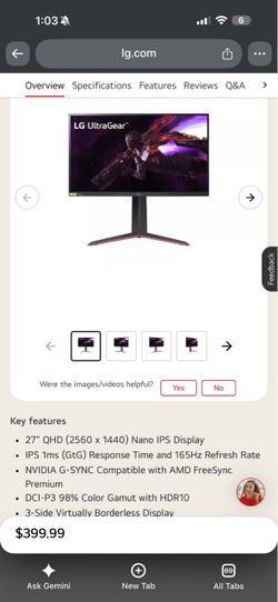 LG Monitor, UltraGear 27”, 165HZ, 1440p