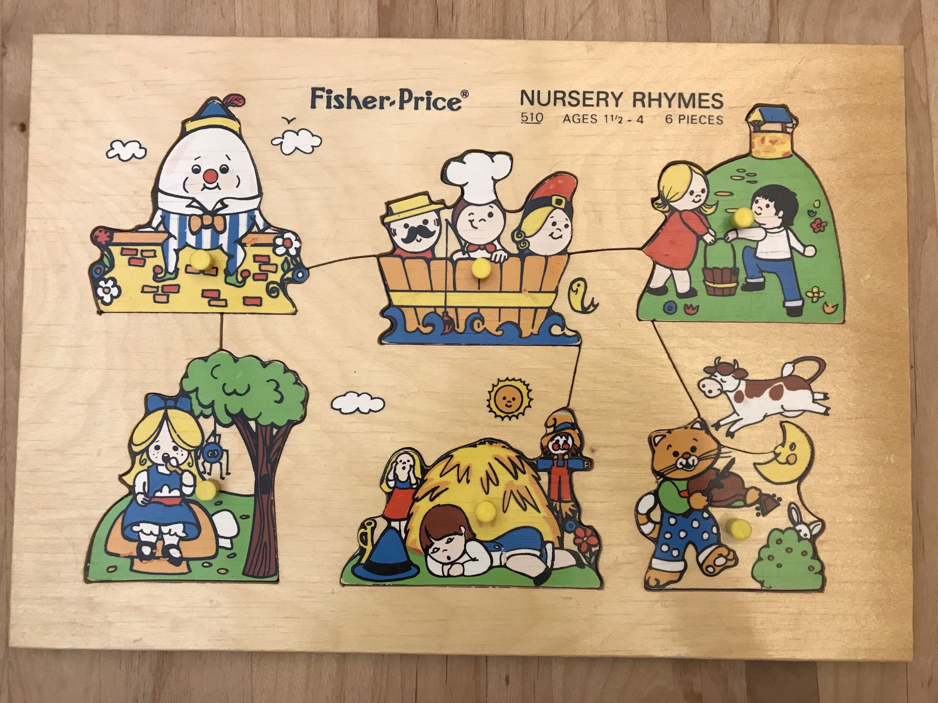 Vintage 1970’s Fisher Price Wood Puzzle NURSERY RHYMES 510 Ages 1.5 - 4, 6 Pieces