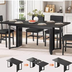 5-Piece Dining Table Set for 4-6 People, 63" Extendable Kitchen Table and 4 Cushion Chairs, Dining Room Table with MDF Board & Metal Frame for Small S