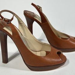 Jimmy Choo Platform Slingback Peep Roe Patent Leather Tan High Heel 7.5"