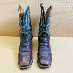 Lucchese CL7836 Men's Western Cowboy Ostrich Leather Pull-on Boots Brown Size 10 D Made In USA. With teal shafts and detailed multicolor stitching. T