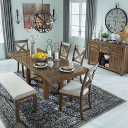 Wood Dining Table Set (Table, 4 Chairs and Bench)