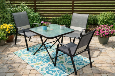 4-Piece Outdoor Patio Set – Glass Table + 3 Chairs – Modern Black