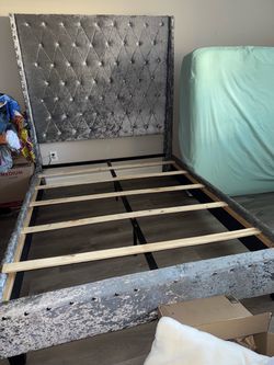 Queen Size Silver Crushed Velvet Upholstered Full Bed Frame